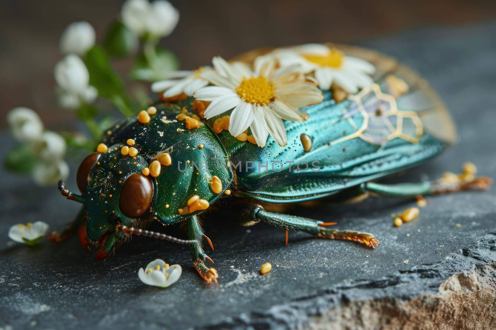 A beetle with flowers on its back and a flower in the middle