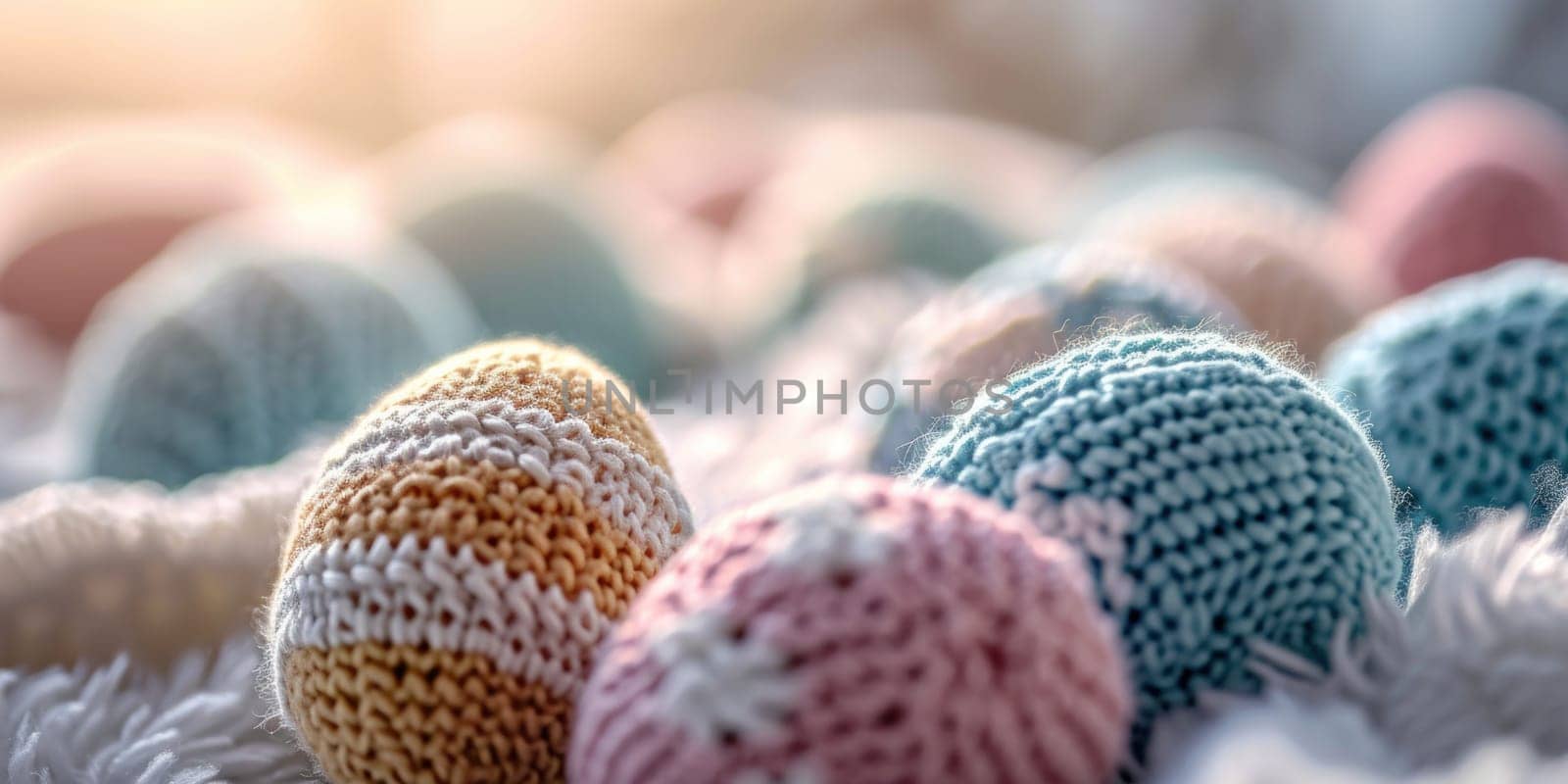 A close up of a bunch of knitted eggs on top of some white fur, AI by starush