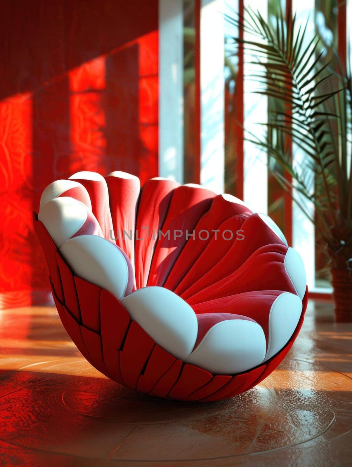 A red and white bowl sitting on a floor next to some plants