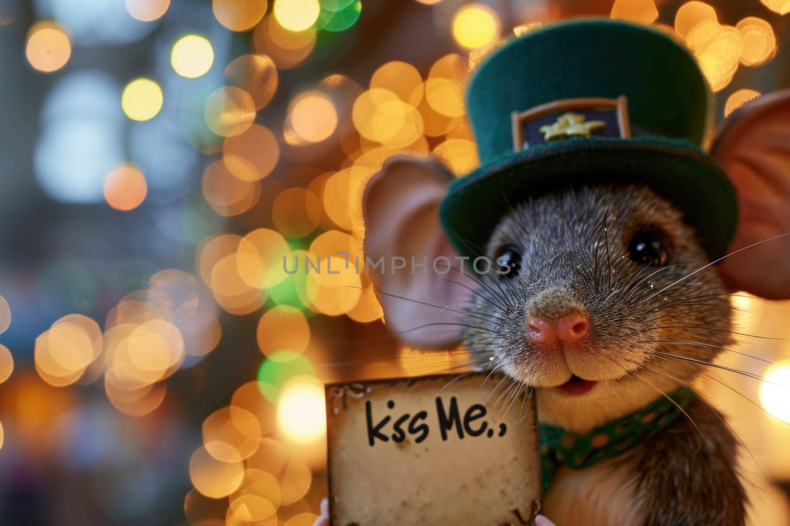 A mouse wearing a green hat and holding up the sign