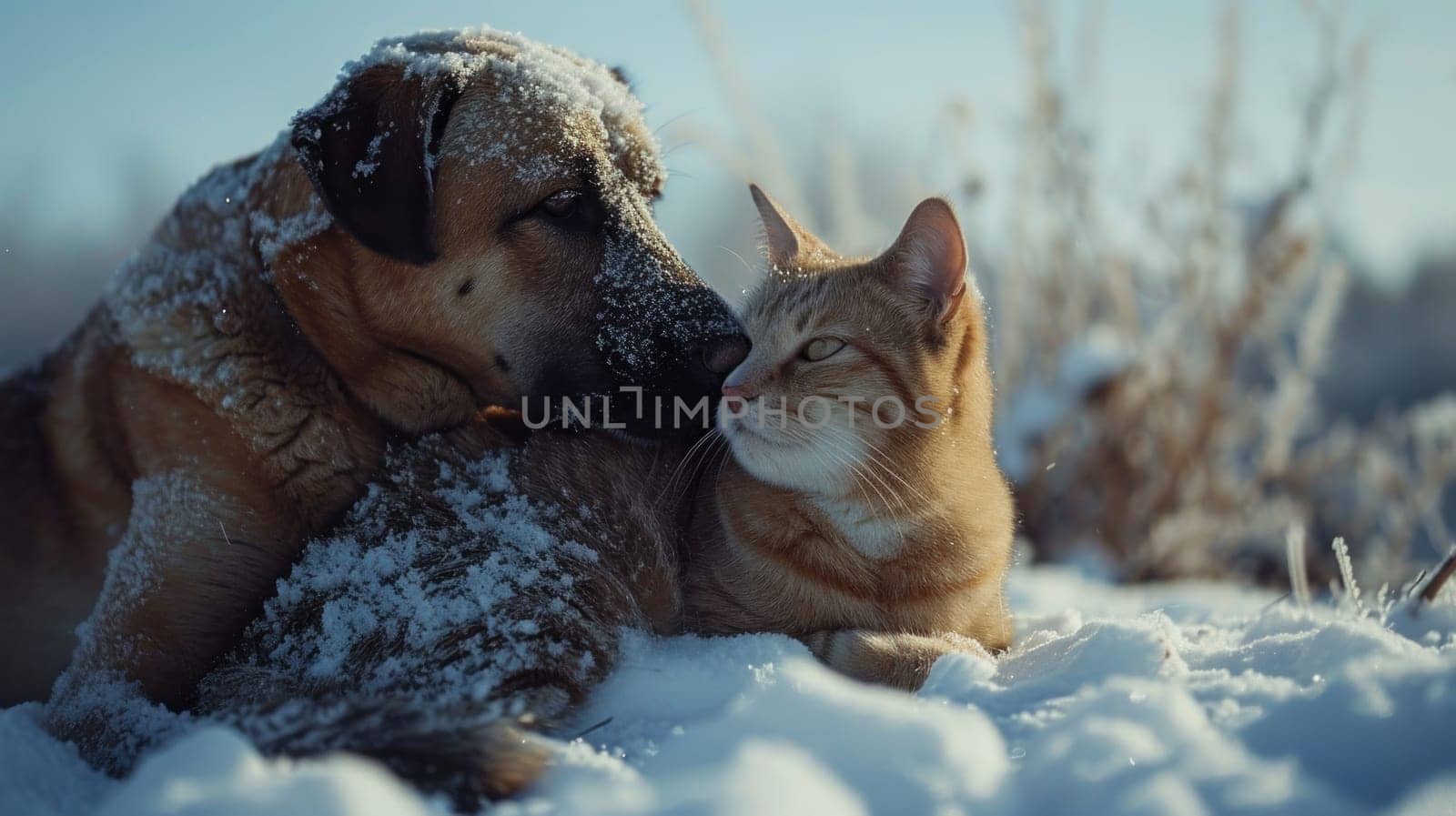 A cat and dog snuggling in the snow together