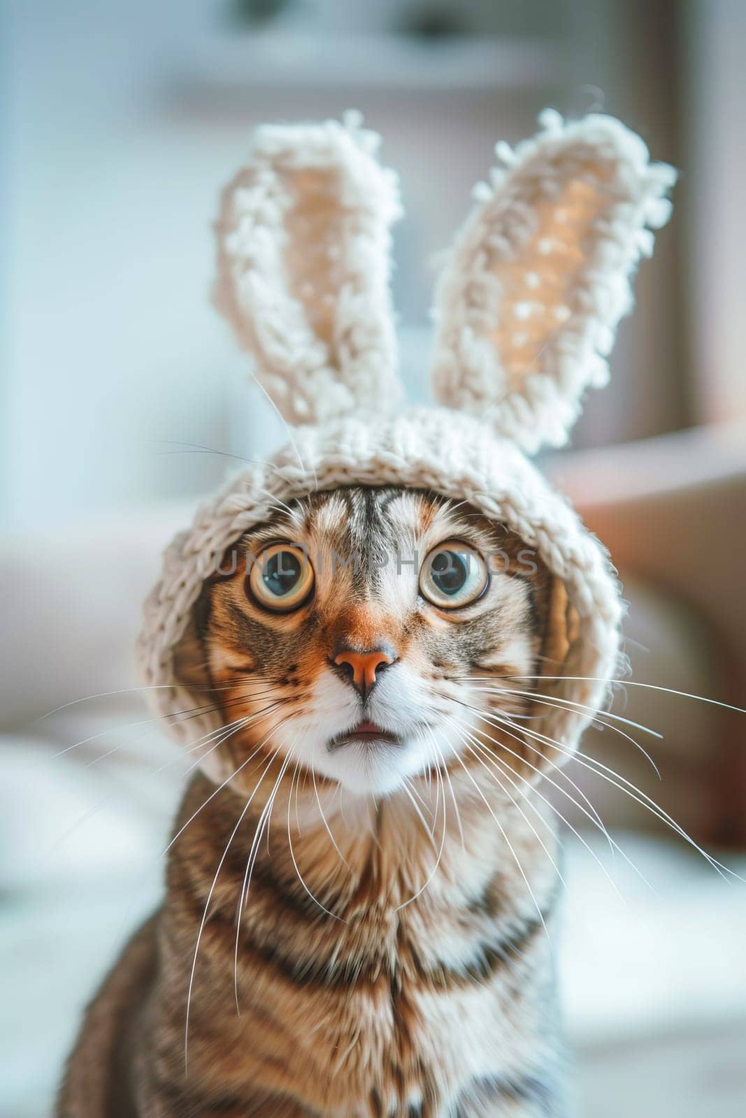 Cute domestic calm, surprised and funny cat in a hat with long rabbit ears, looking at the camera. AI generated.