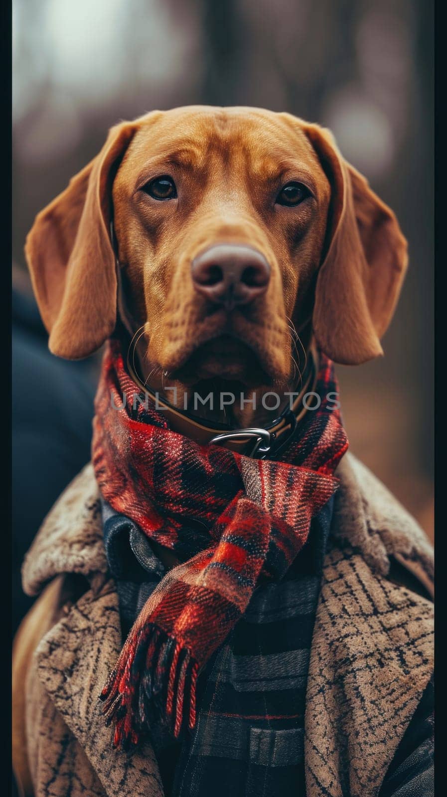 A dog wearing a scarf and coat with brown eyes, AI by starush