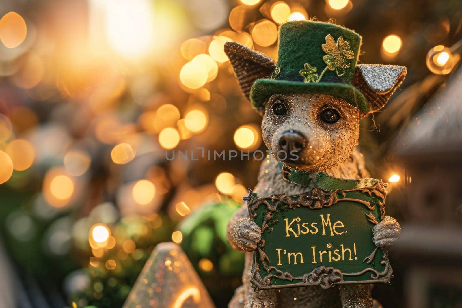 A small dog dressed in a green hat and holding up an irish sign