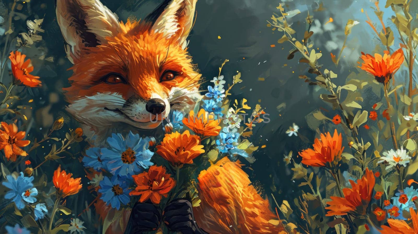 A painting of a fox with flowers in its mouth