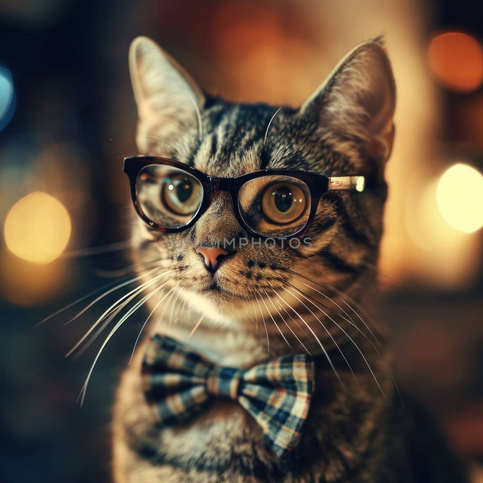 A cat wearing glasses and a bow tie sitting down
