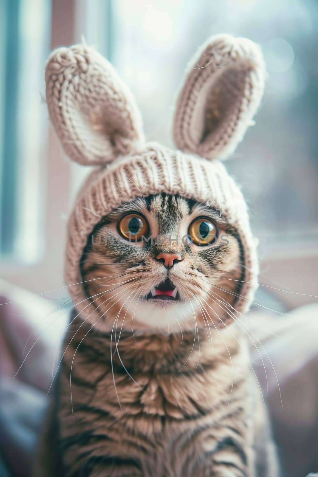 Cute domestic calm, surprised and funny cat in a hat with long rabbit ears, looking at the camera. AI generated.