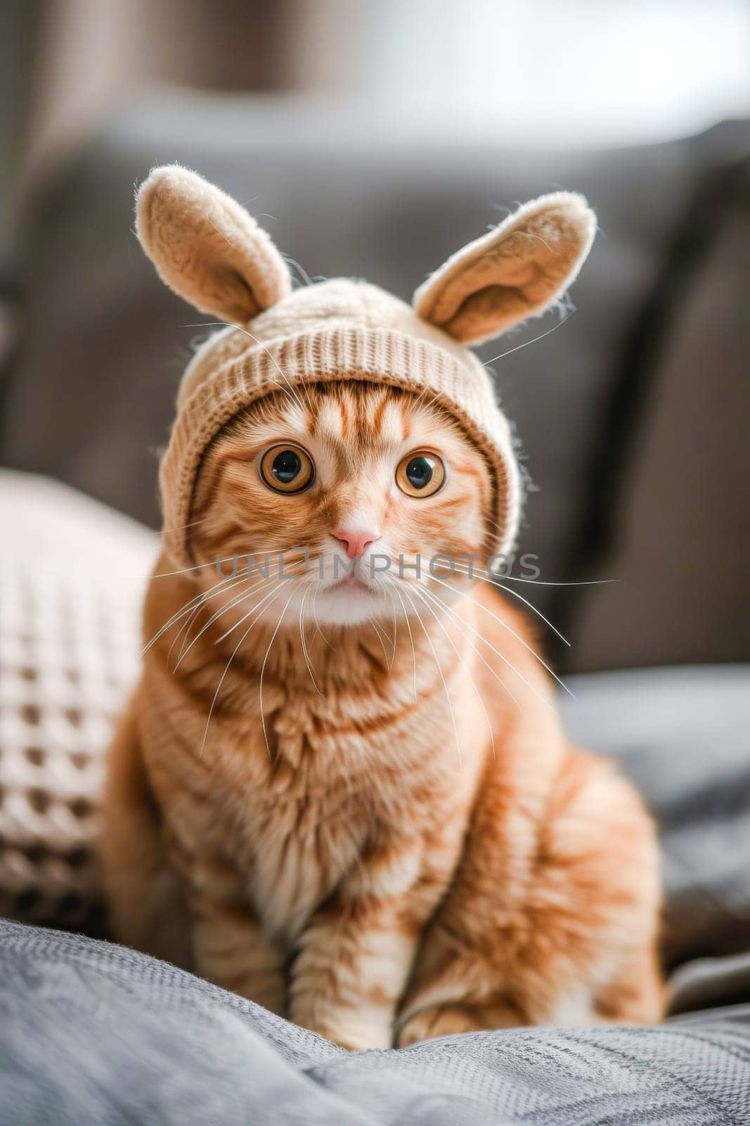 Cute domestic calm, surprised and funny cat in a hat with long rabbit ears, looking at the camera. AI generated.