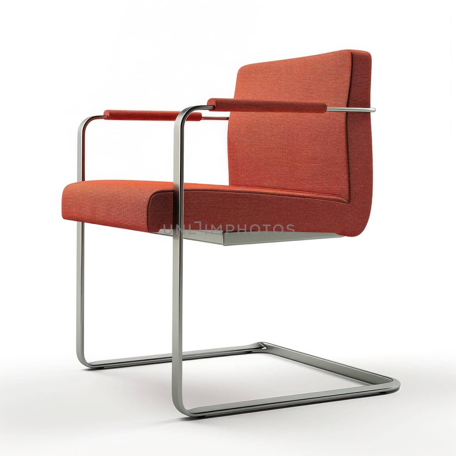 A modern chair with a metal frame and orange fabric