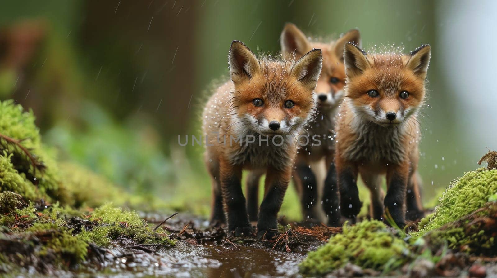 Three small foxes are walking through a muddy area