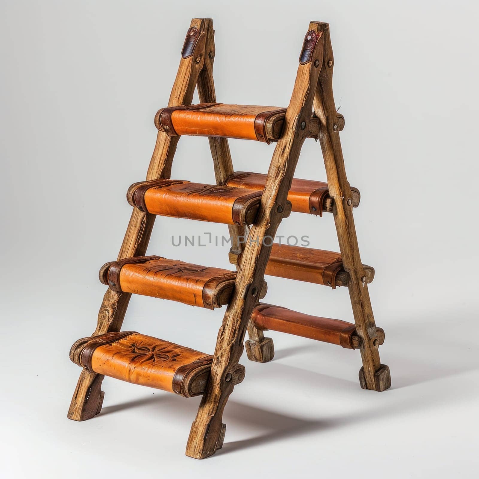 A wooden ladder with a number of leather straps on it