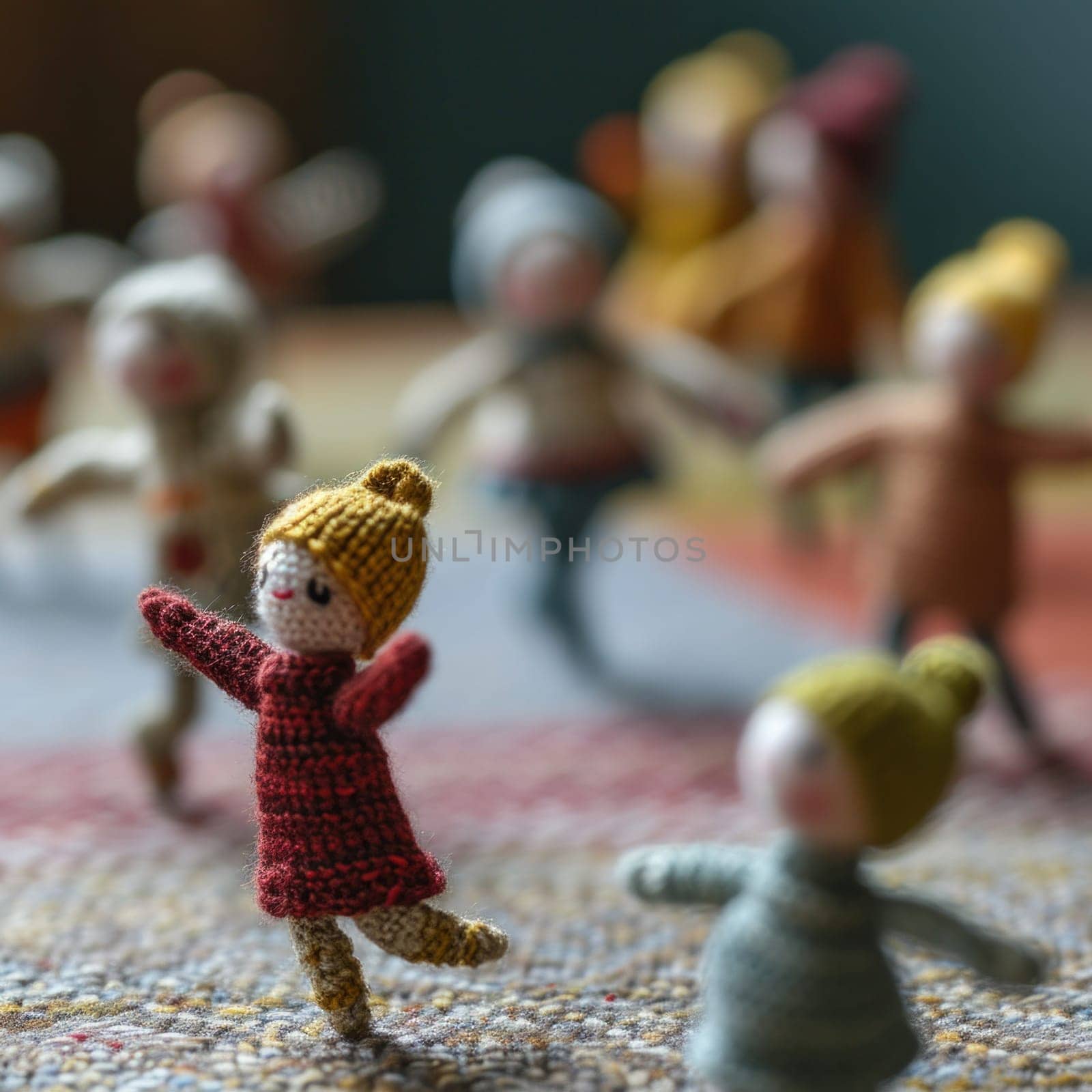 A group of small knitted dolls are on a rug, AI by starush