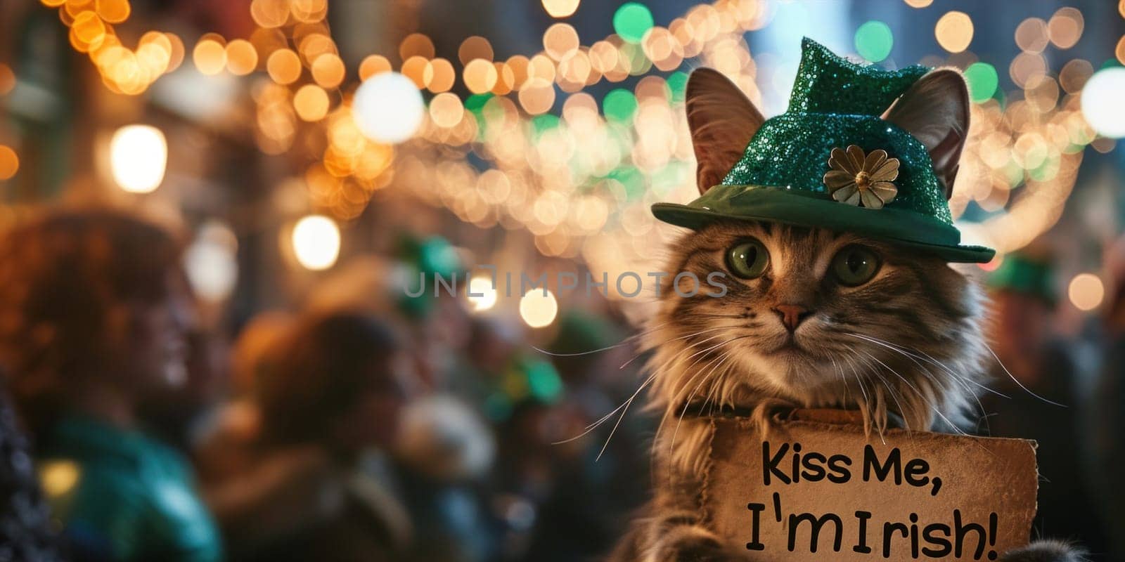 A cat wearing a green hat with the words kiss me i'm irish, AI by starush