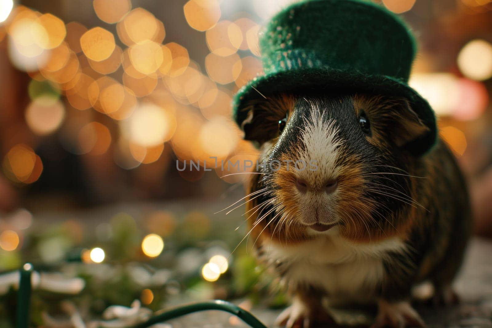 A guinea pig wearing a green hat sitting on the ground, AI by starush