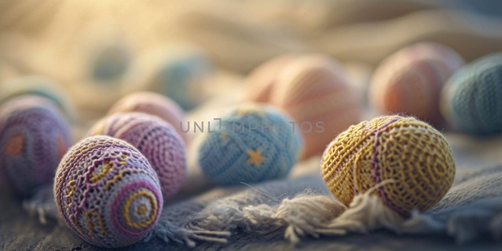 A group of colorful easter eggs are laid out on a blanket, AI by starush