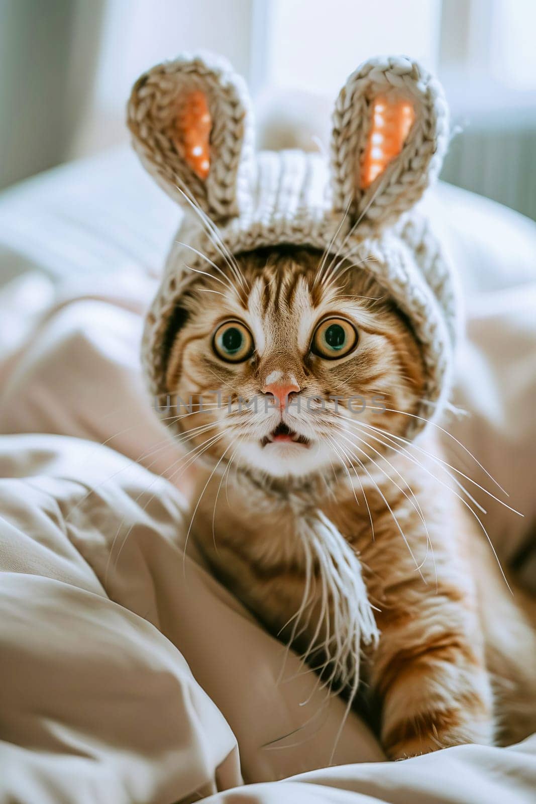 Cute domestic calm, surprised and funny cat in a hat with long rabbit ears, looking at the camera. AI generated.