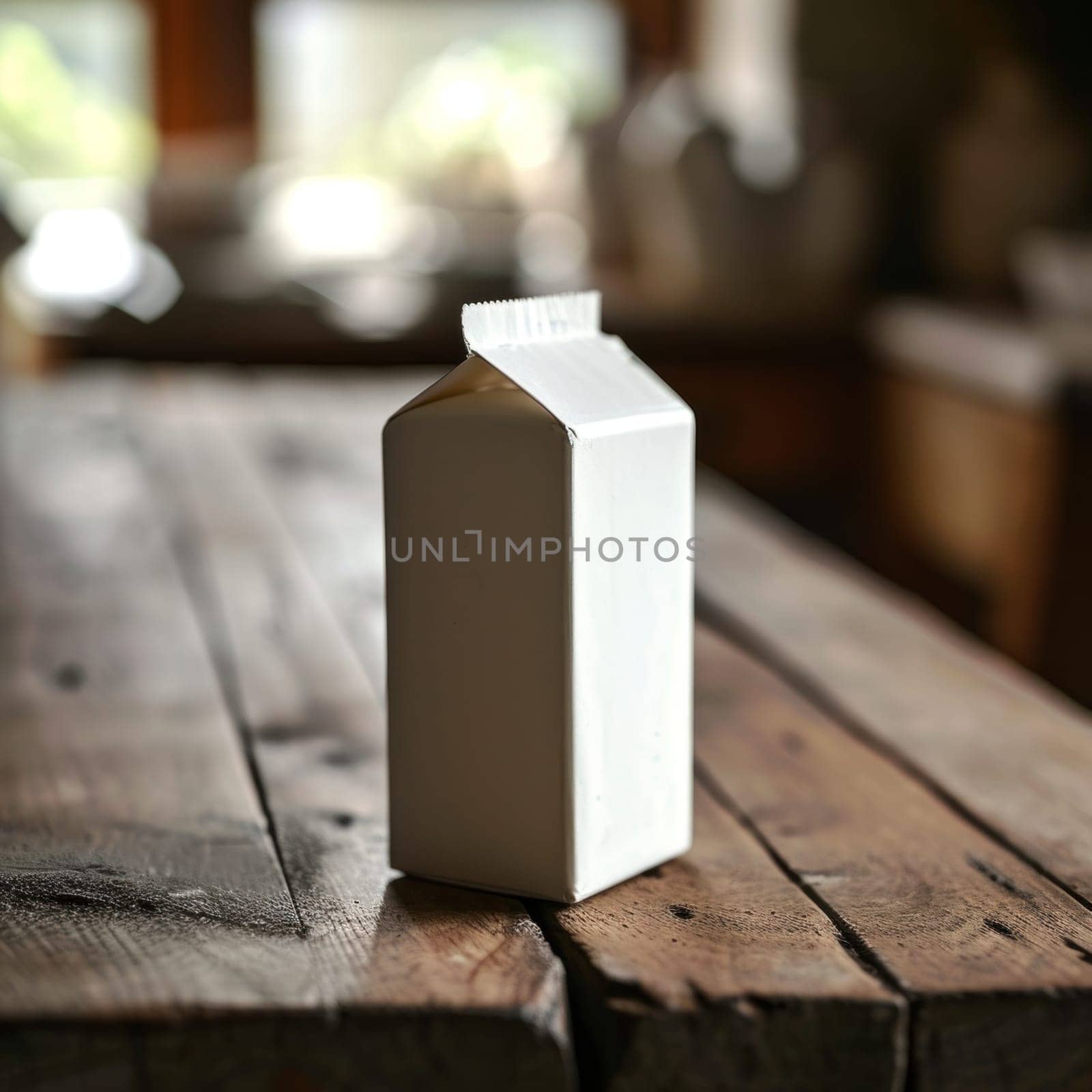 A white milk carton sitting on top of a wooden table