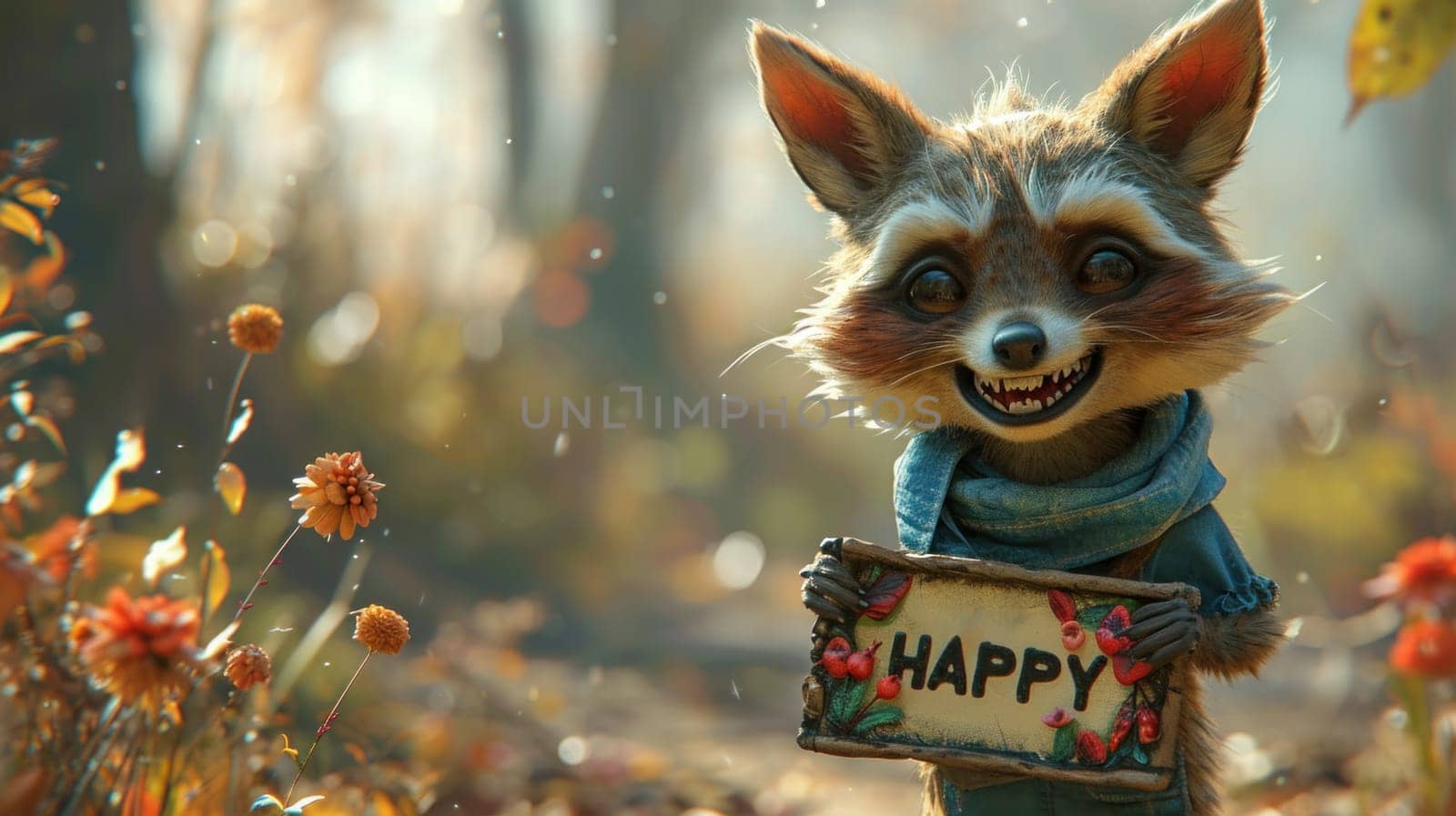 A raccoon holding a sign with the word happy, AI by starush