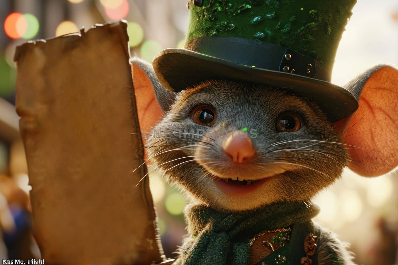 A close up of a mouse wearing green hat and top