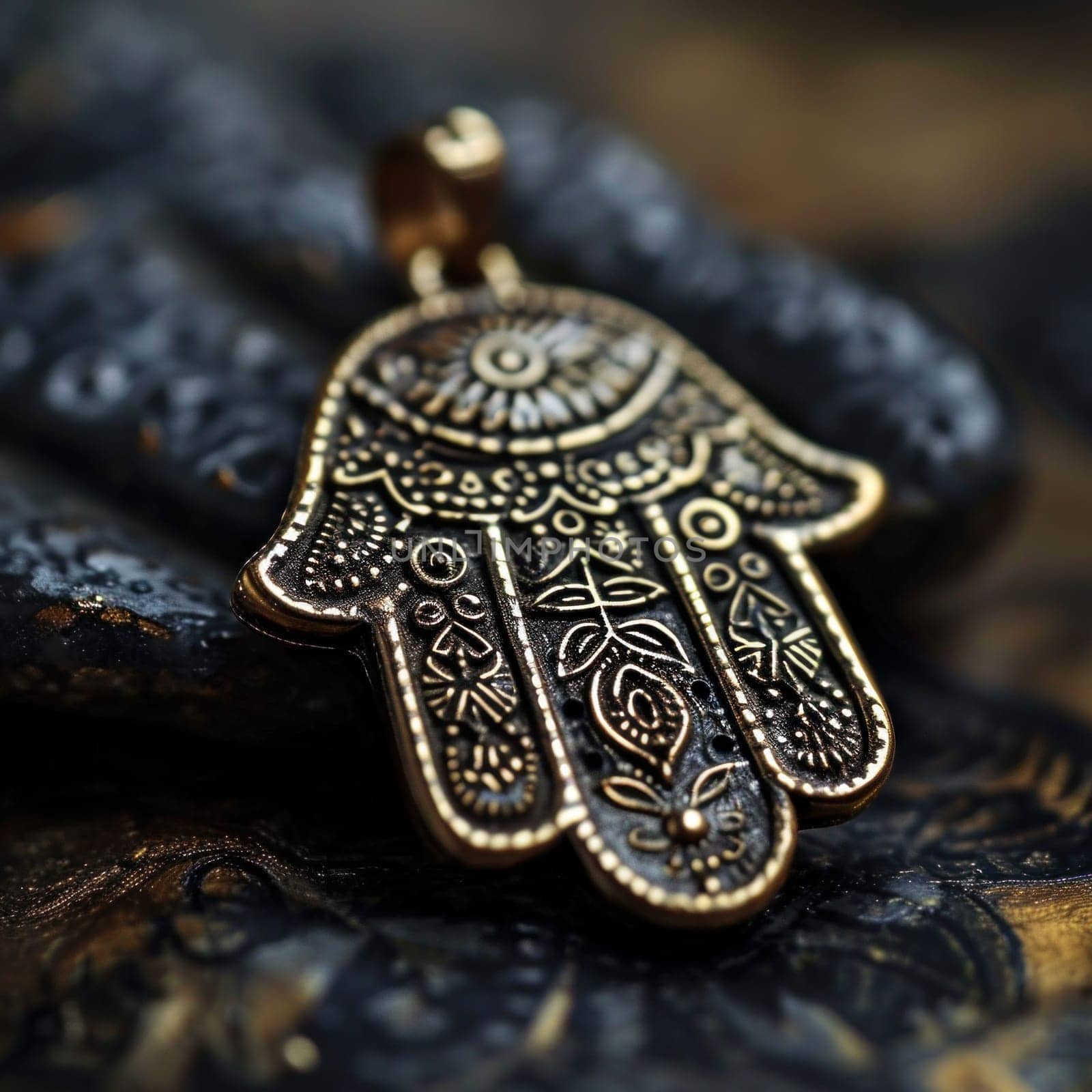 A gold hamsa hand pendant sitting on top of a black stone