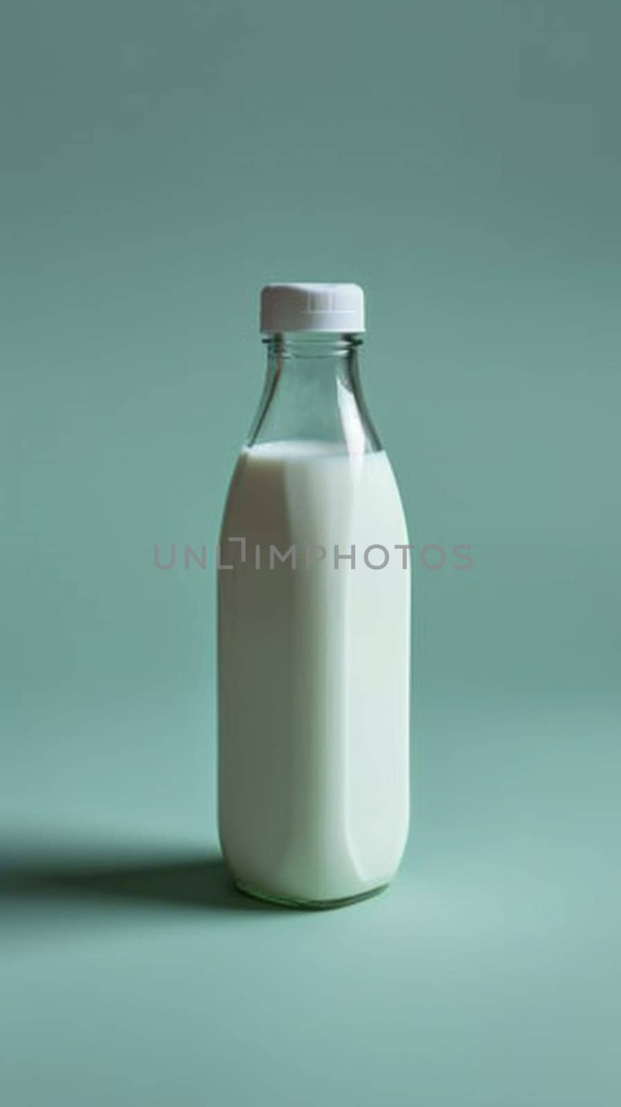 A glass bottle of milk on a green background
