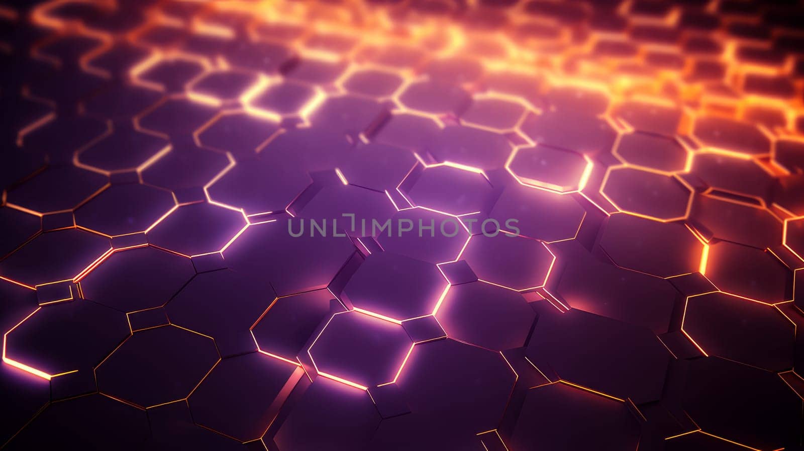 Abstract background with black glowing honeycomb hexagons and purple backlight in futuristic style. by Alla_Yurtayeva