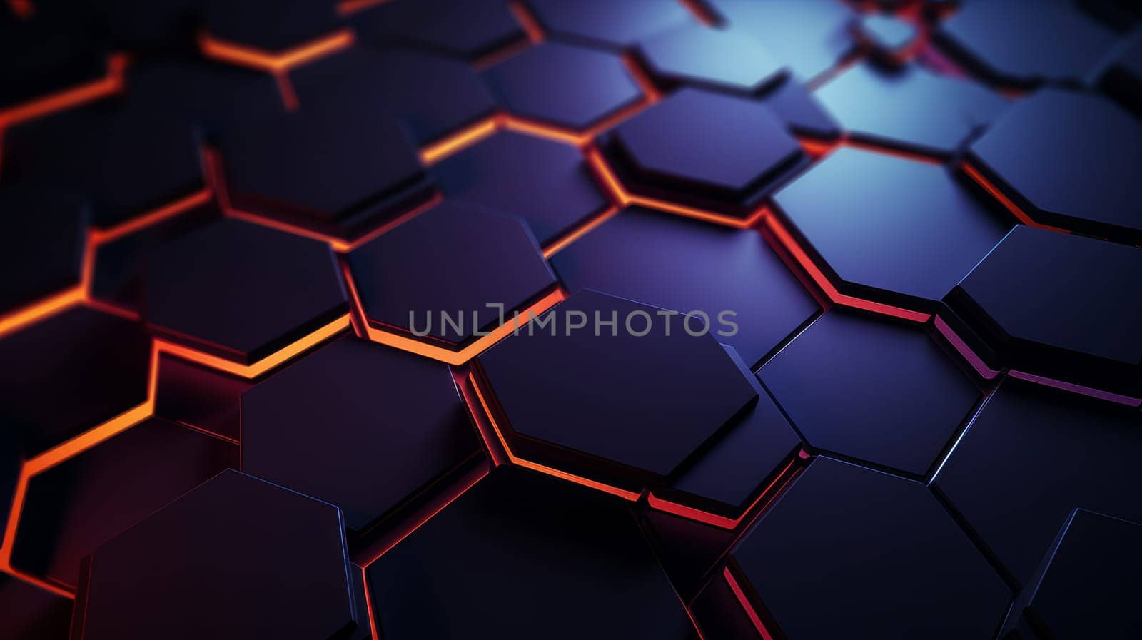Abstract background with black glowing honeycomb hexagons and fiery orange backlight by Alla_Yurtayeva