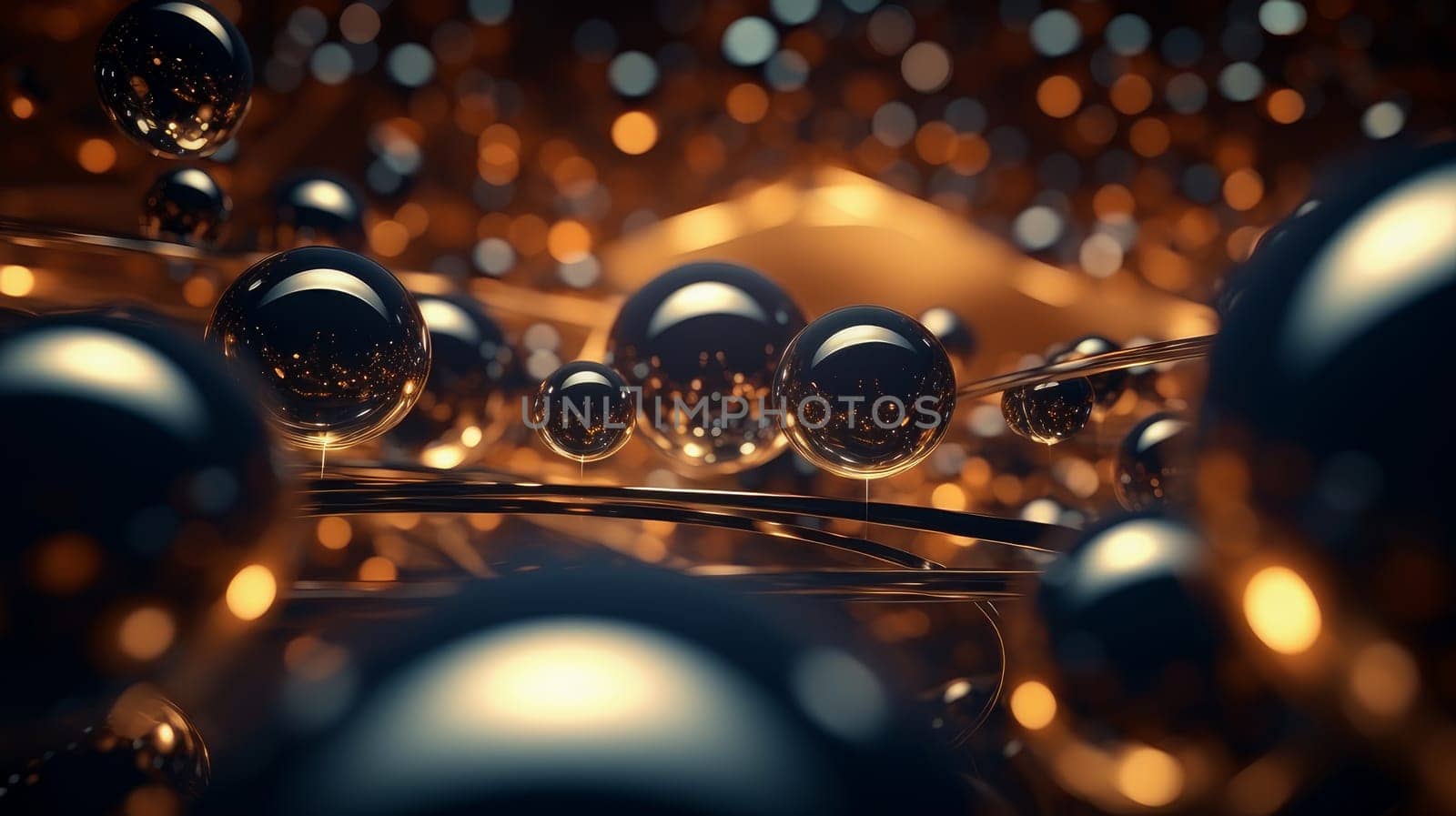 Beautiful luxury creative 3D modern abstract background consisting of black balls and spheres with light digital effect, copy space
