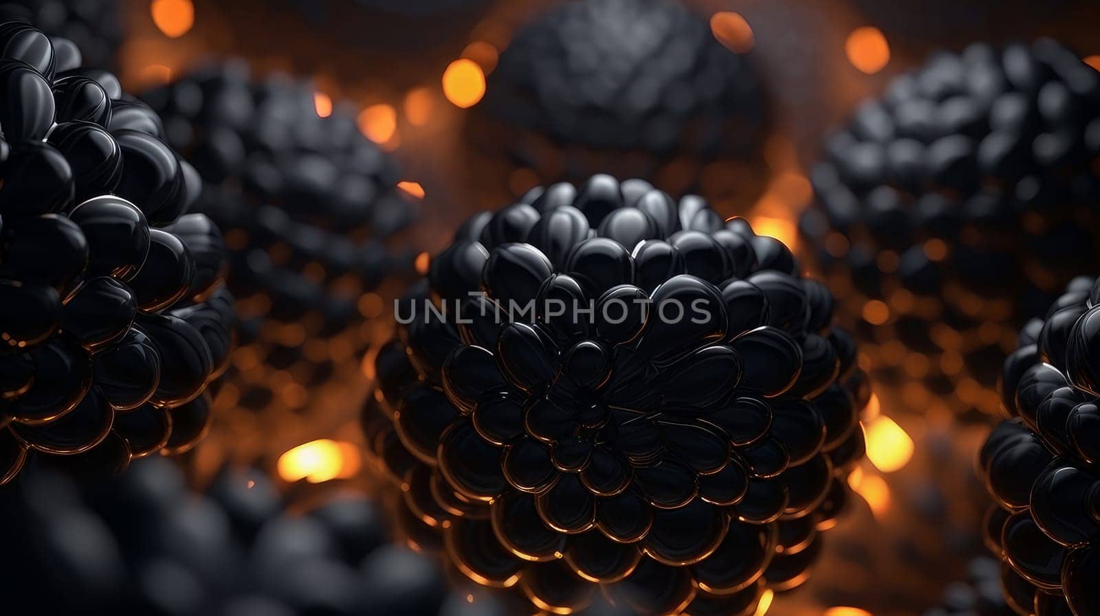 Beautiful luxury creative 3D modern abstract background consisting of black flowers, balls and spheres with light digital effect, copy space