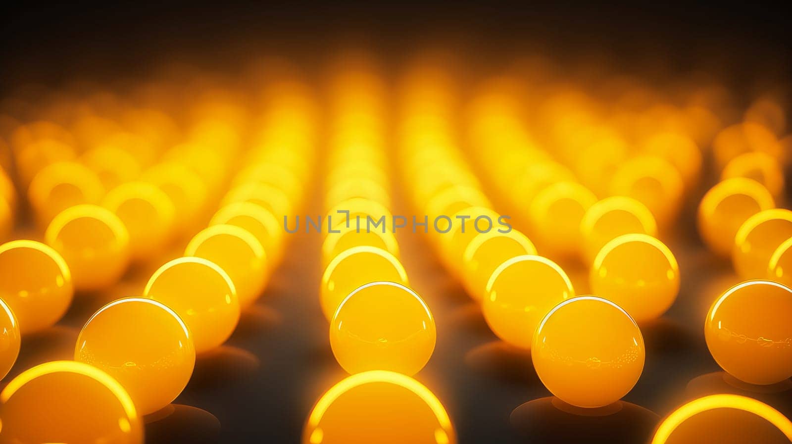 Beautiful luxury creative 3D modern abstract dark background consisting of yellow balls and spheres with light digital effect, copy space