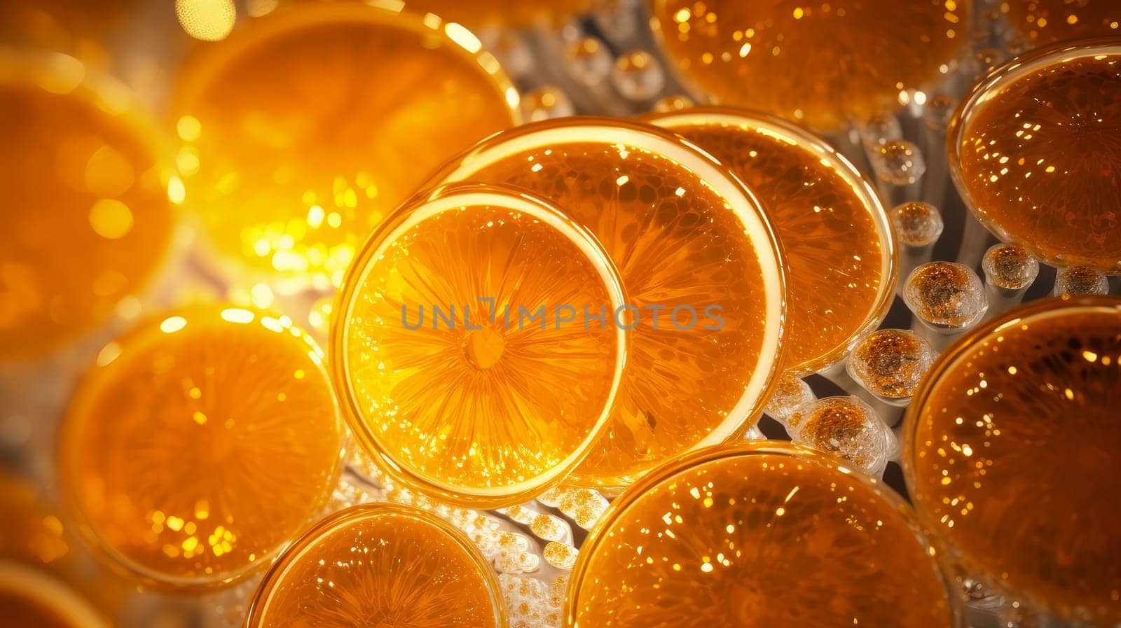 Beautiful luxury creative 3D modern abstract light background consisting of brown gold balls and spheres, fruit oranges in water and splashes, lemonade and juice, drink, copy space