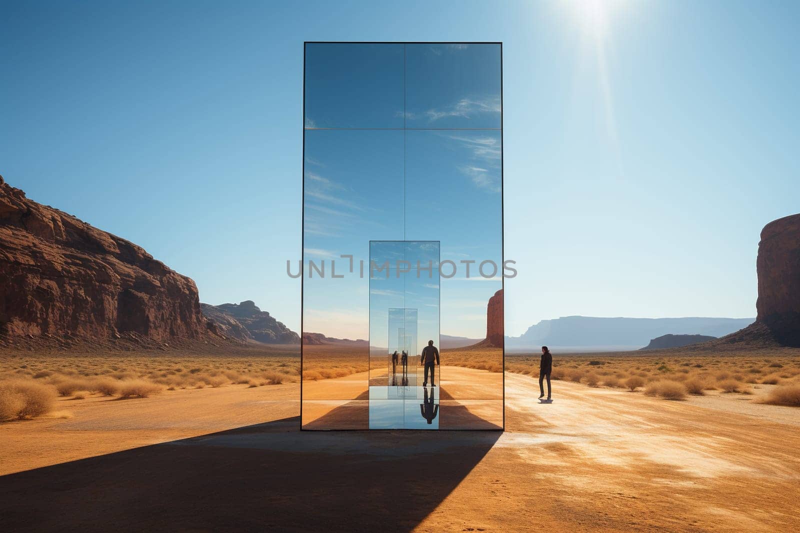 A huge mirror stands between the rocks.