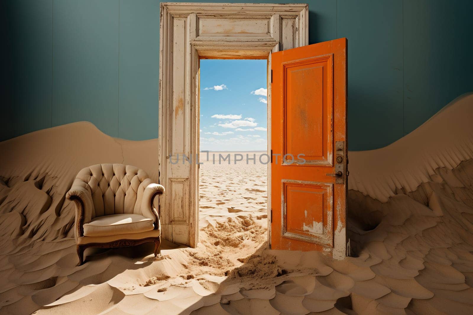 An old abandoned room in the sand in the middle of the desert. An open door to the desert.