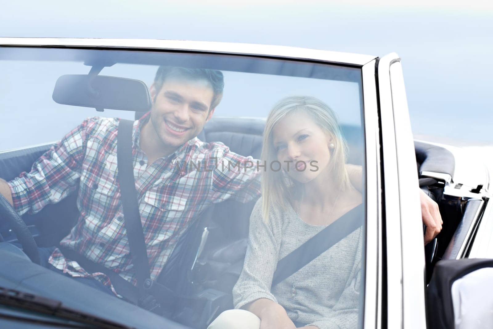 Couple, portrait and convertible or road trip outdoor for vacation or travel destination, adventure or holiday. Man, woman and transportation in London weekend for relax journey, drive or tourist.