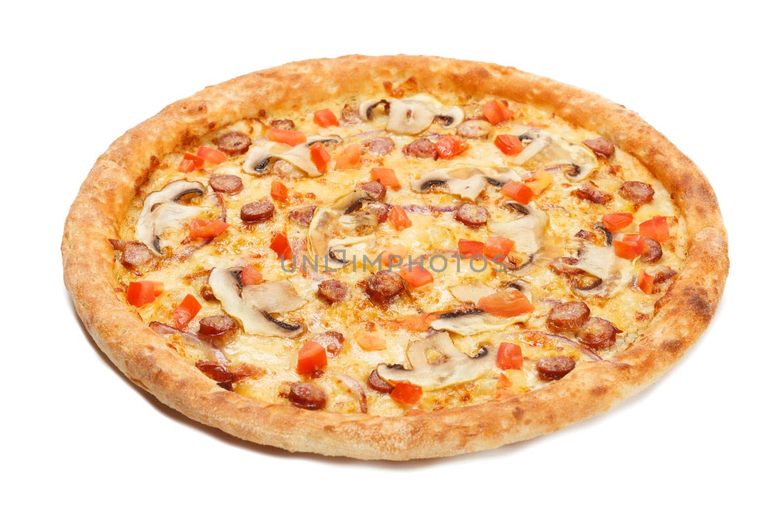 Delicious italian pizza with sausages, mushrooms, vegetables and cheeseisolated on white background.