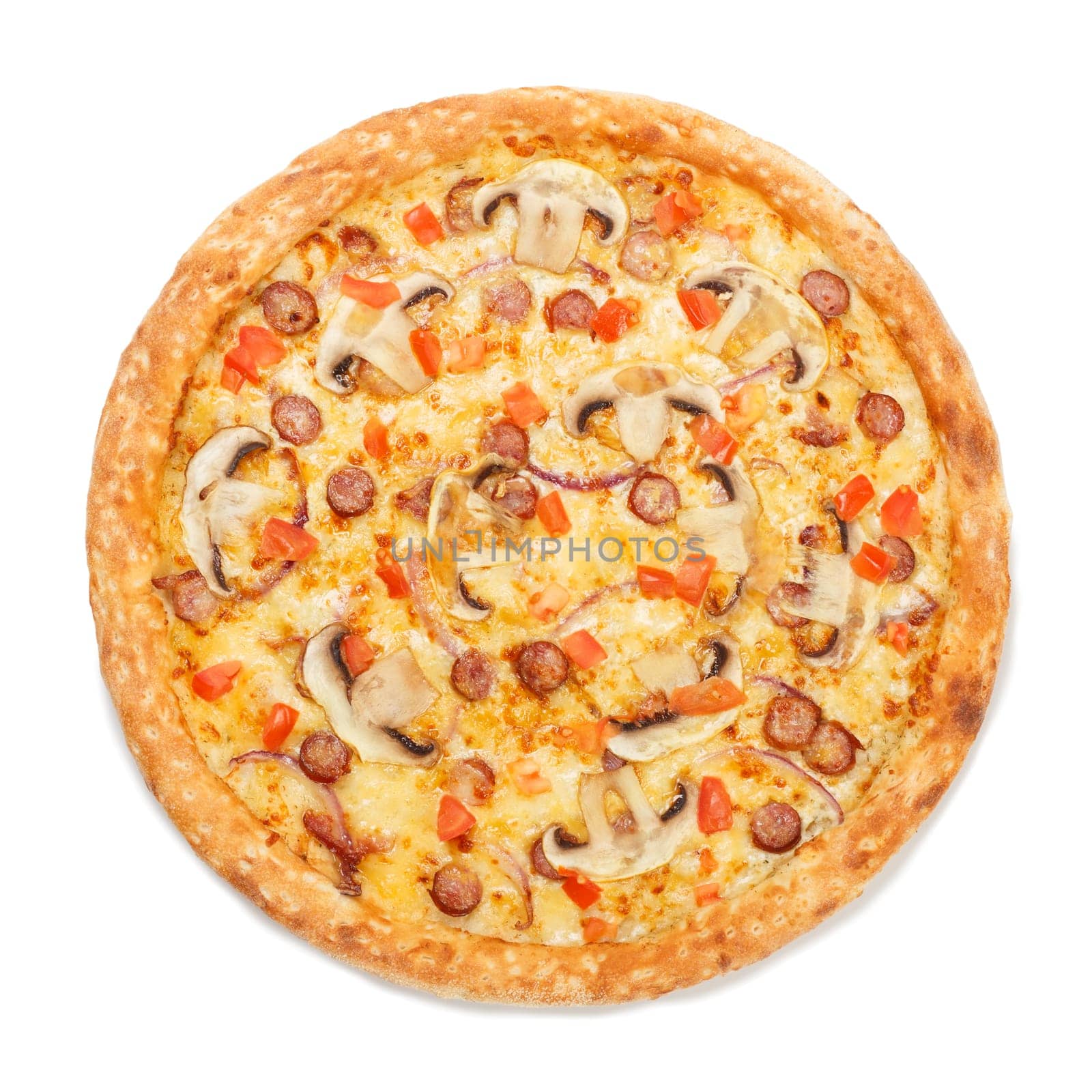 Delicious italian pizza with sausages, mushrooms, vegetables and cheeseisolated on white background. Top view.