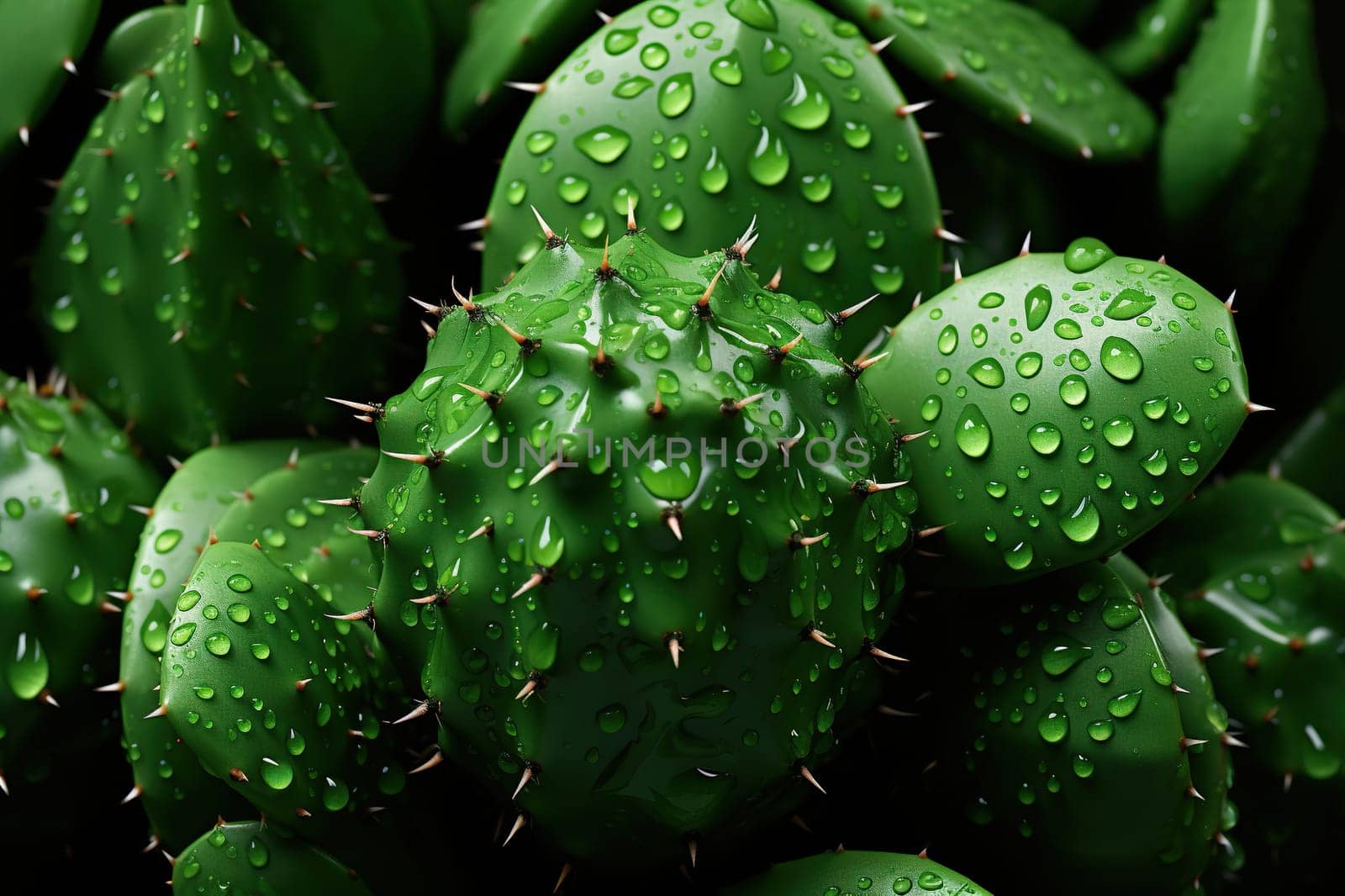 Close-up texture of a cactus with spines in water droplets.
