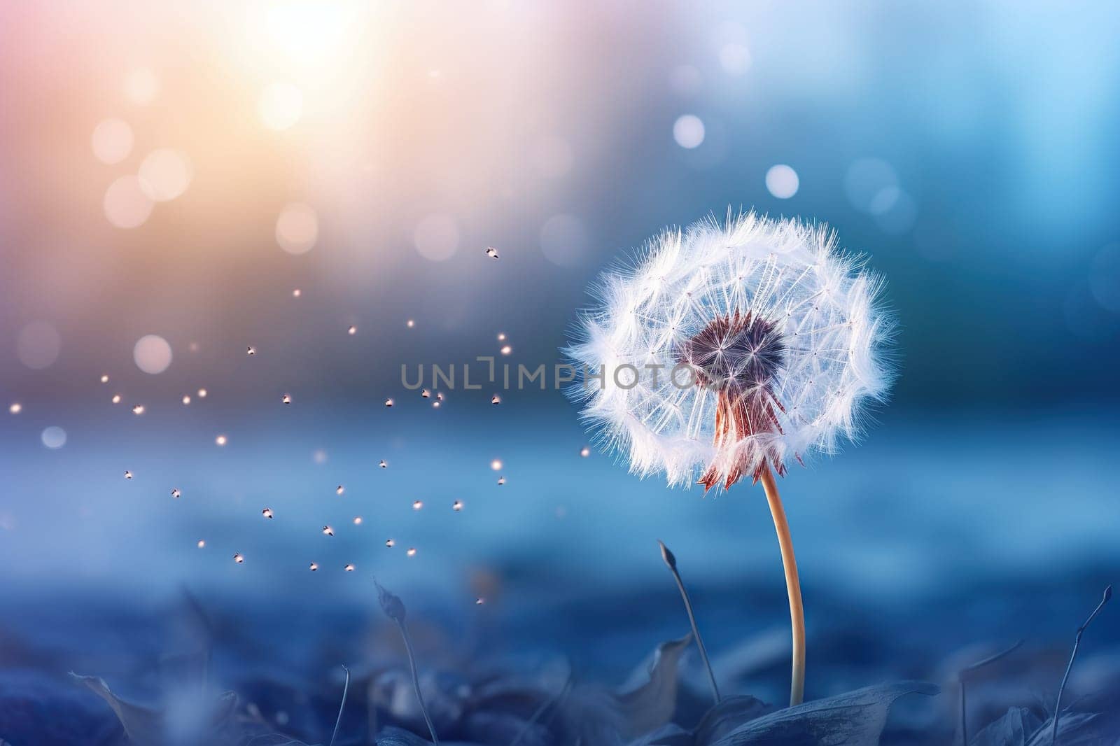 Dandelion and its seeds on a blue blurred background. Spring, summer background.