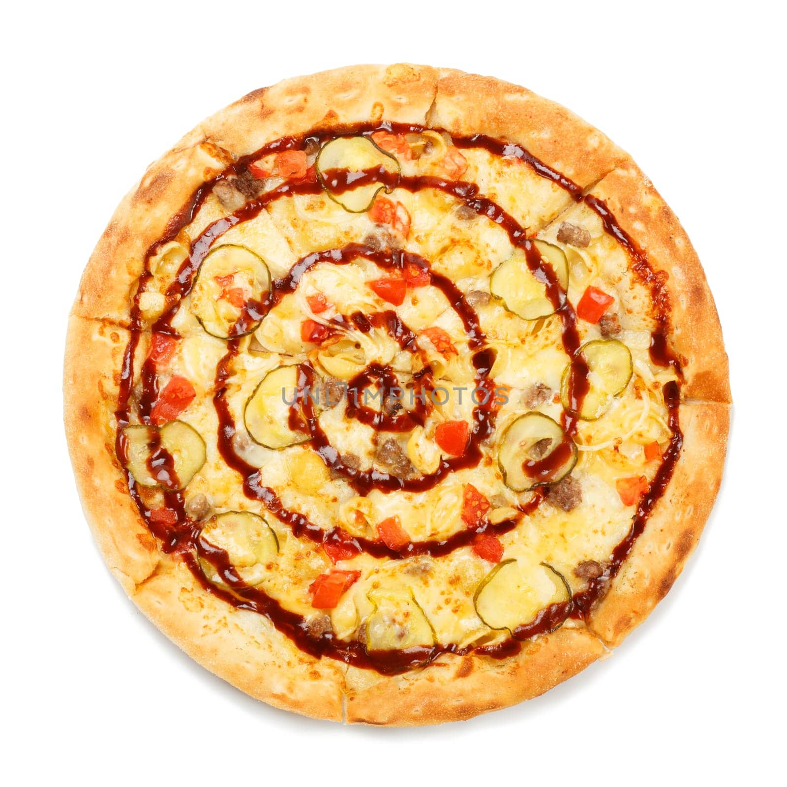 Top view on italian pizza with bacon and pickled cucumbers isolated on white background. Delicious hot classic pizza. Top view.