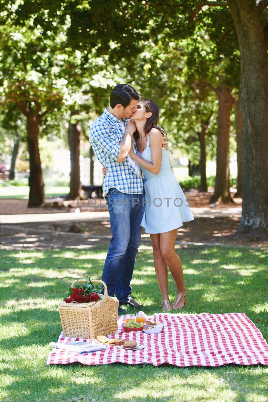 Couple, park and kiss in nature at picnic with love under the trees and enjoying romance in the summer sun. Cheerful, special and outdoor as partners and bonding with trust, care and commitment by YuriArcurs