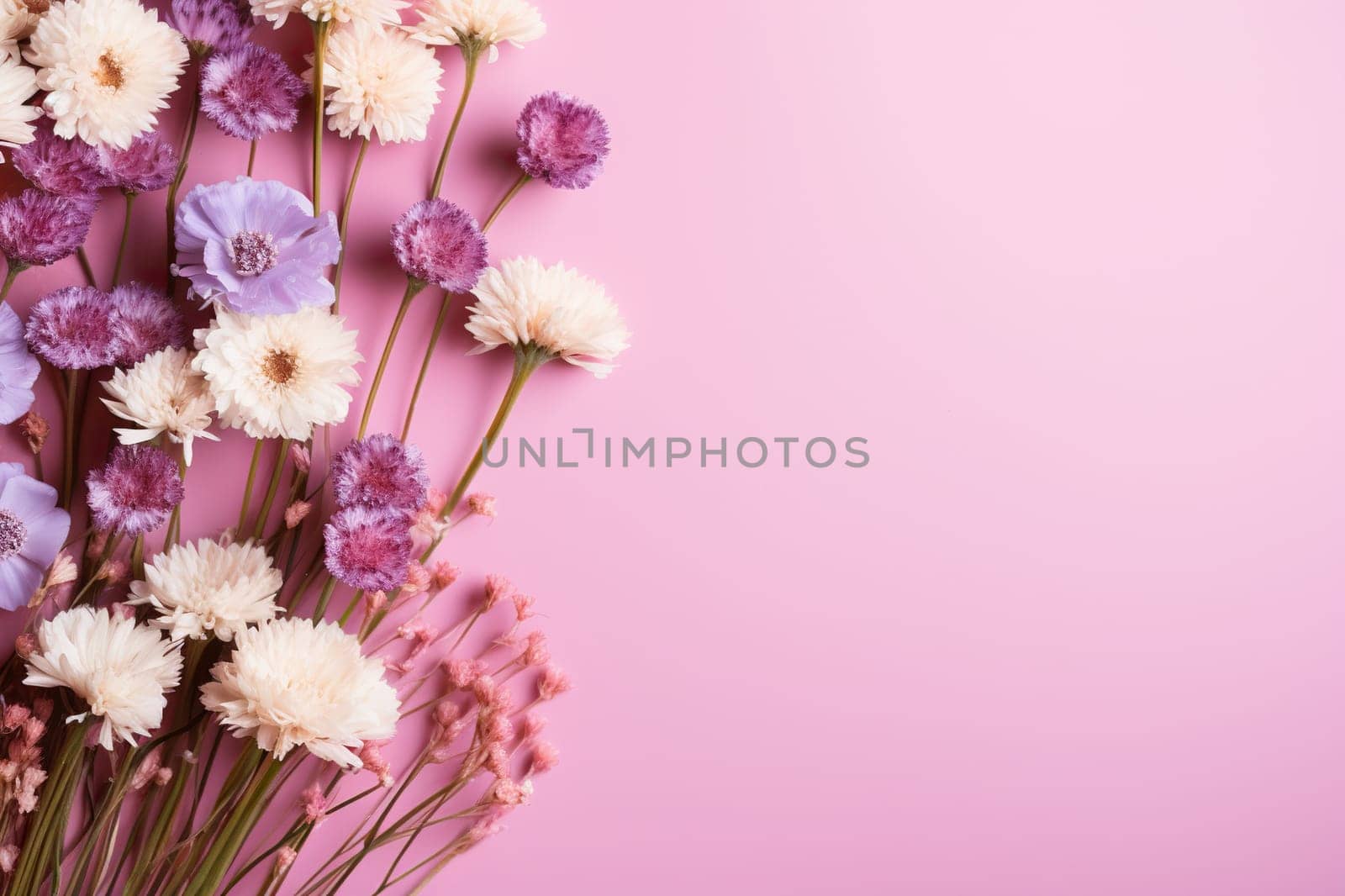 Pink horizontal background with a bouquet of lilac flowers.