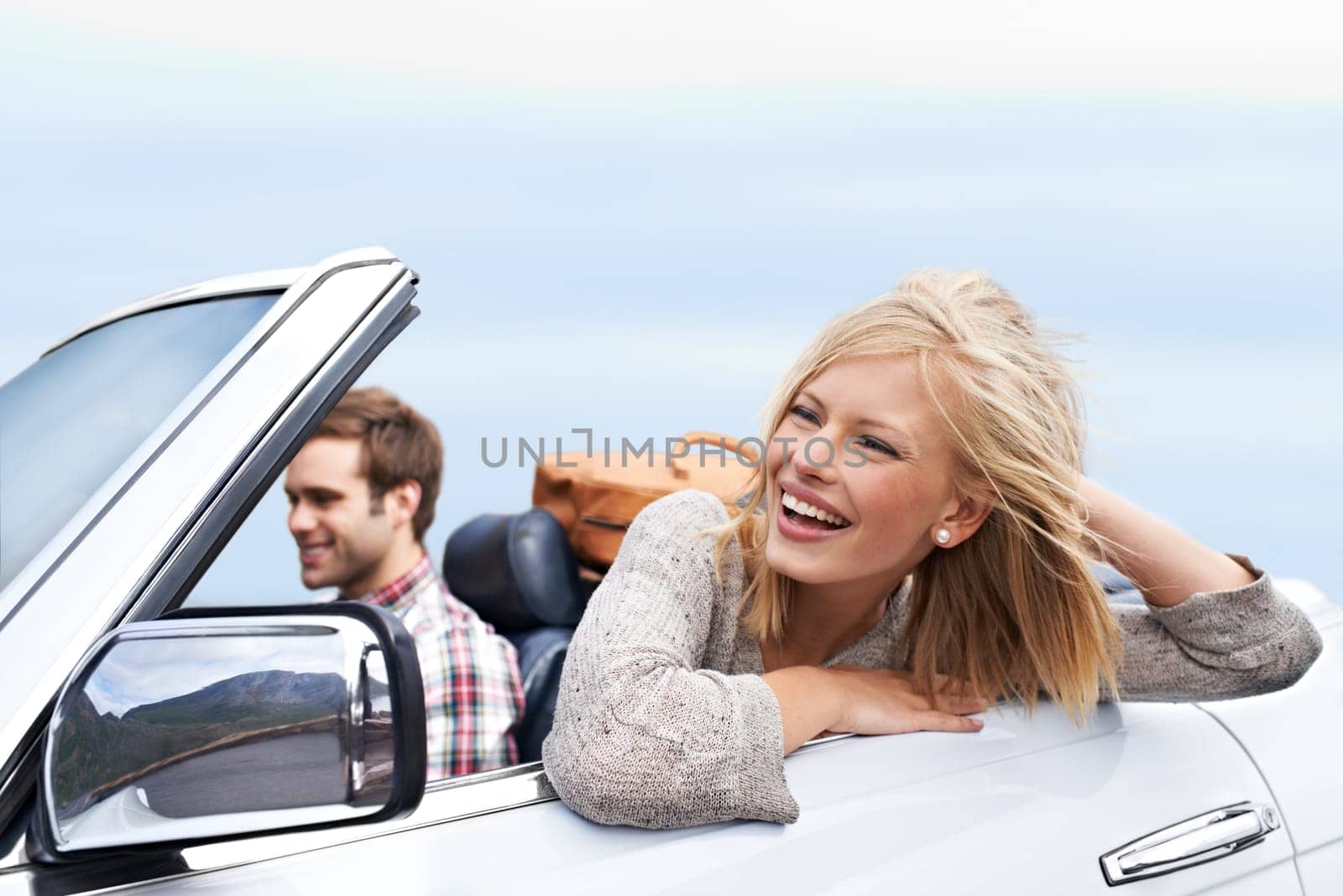 Happy, travel and couple in car for transportation on adventure, holiday or vacation with suitcases. Smile, love and young man and woman driving in vehicle for weekend road trip journey together. by YuriArcurs