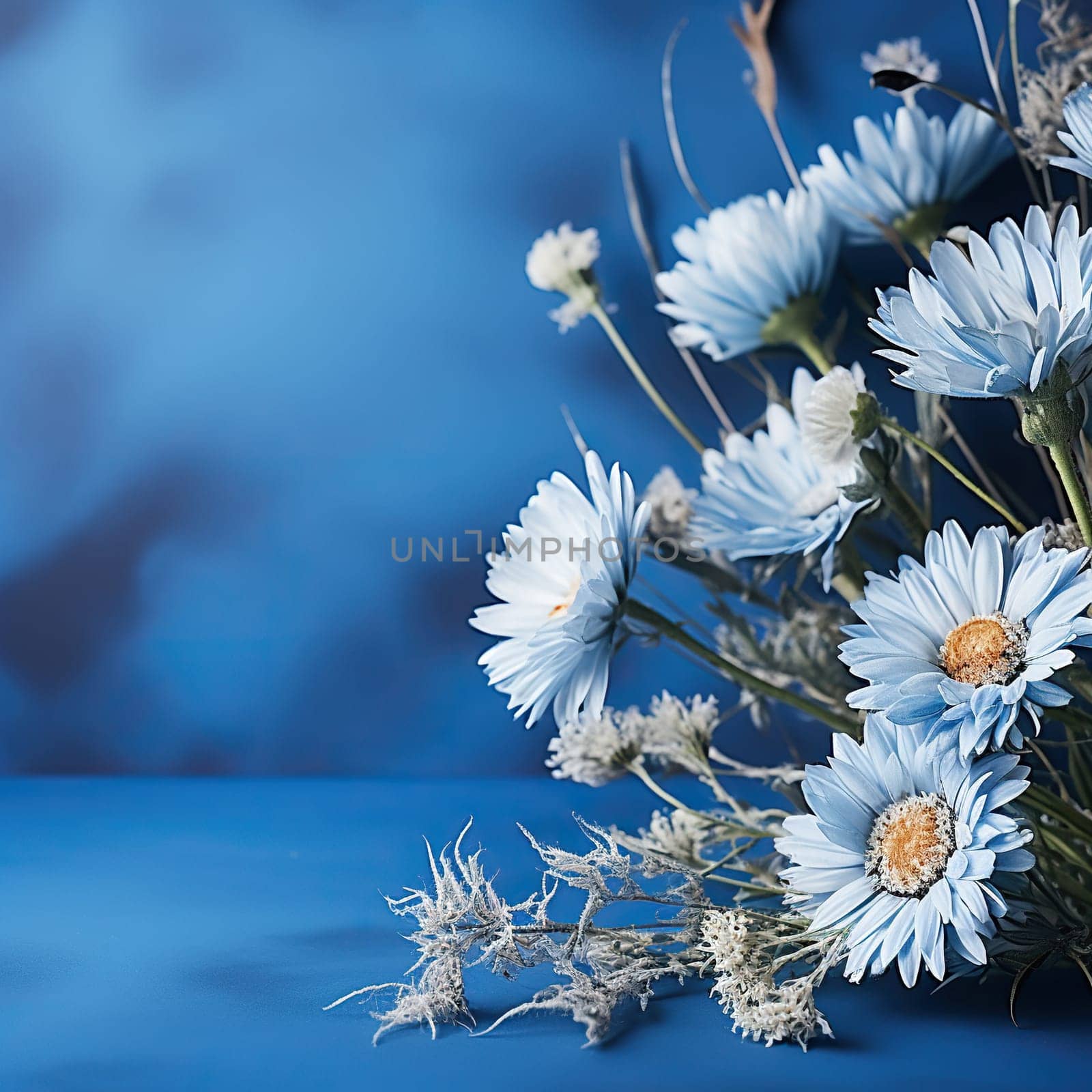Bouquet of field blue flowers on a blue background with space for text.