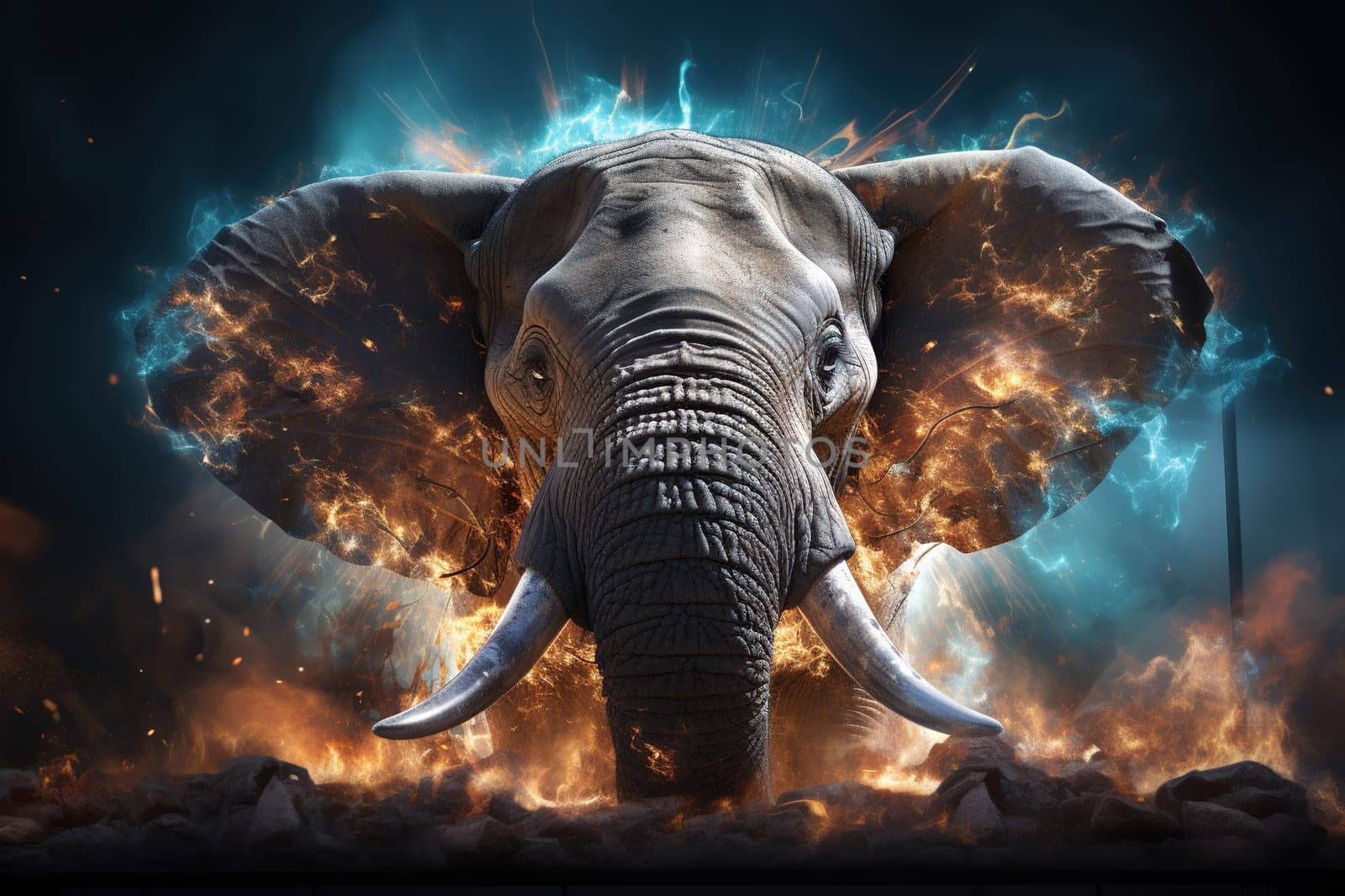 An elephant emerges from the screen with sparks of a modern TV. Generated by artificial intelligence by Vovmar