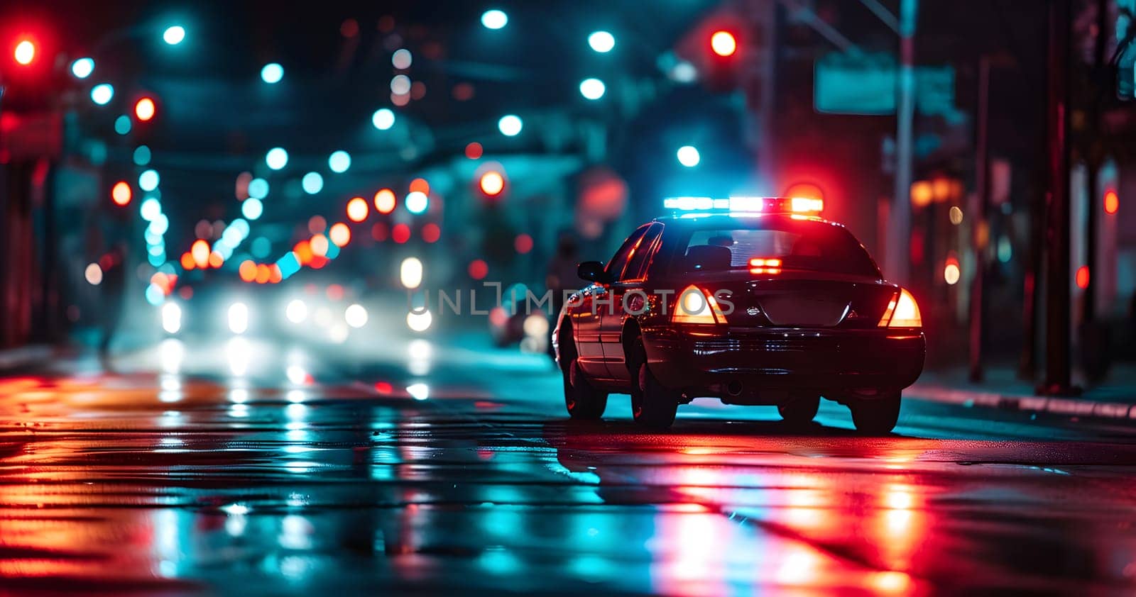 police car lights at night in city street with selective focus and bokeh. Neural network generated image. Not based on any actual person or scene.