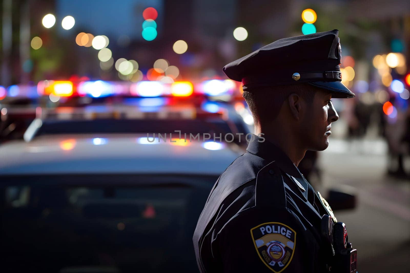 Police officer near car with lights in city street with selective focus and background blur. Neural network generated image. Not based on any actual person or scene.