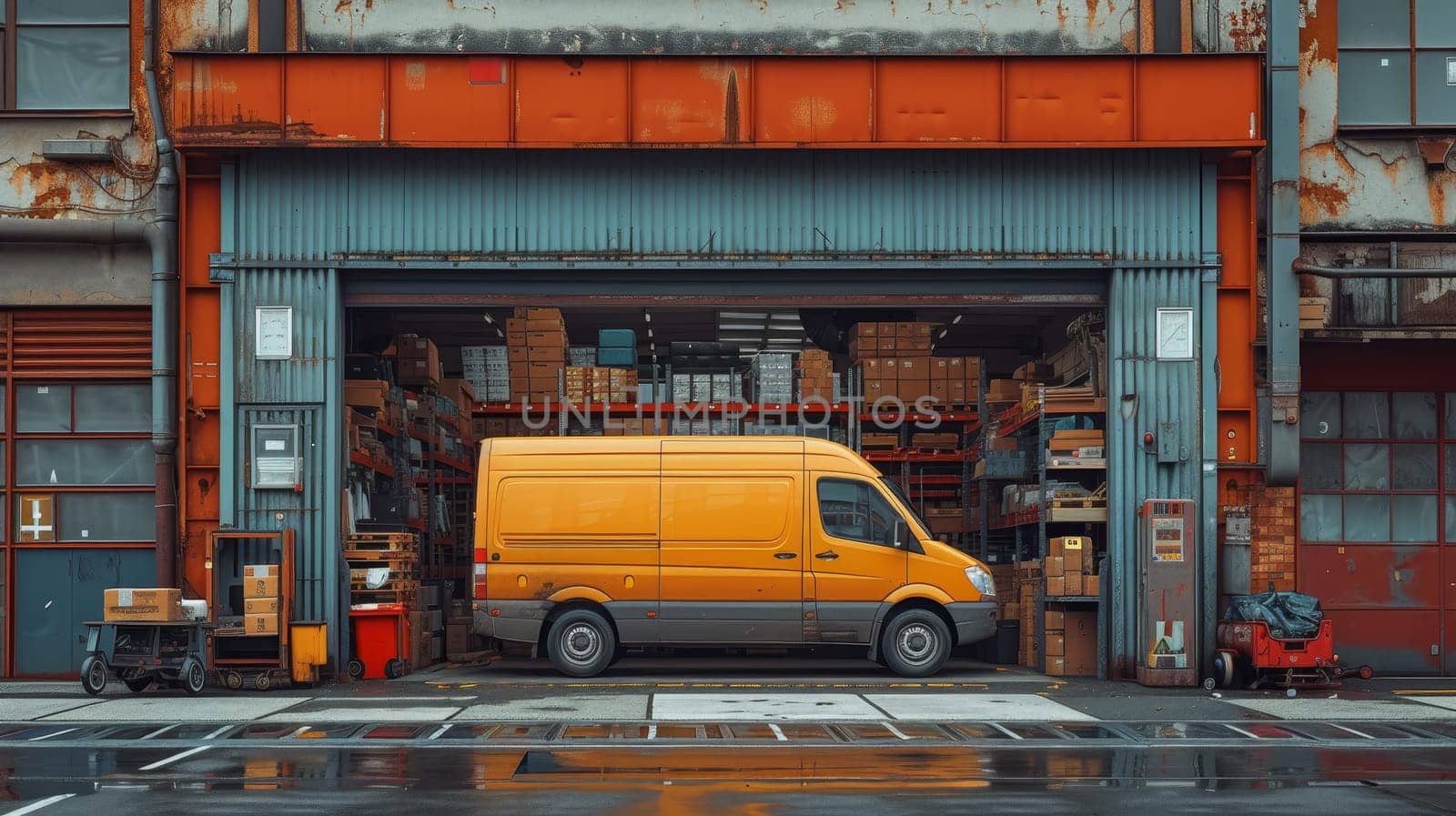 In front of a logistics warehouse with an open door, a delivery van loading cardboard boxes. A truck delivers wholesale merchandise, online orders, e-commerce goods, and purchases.