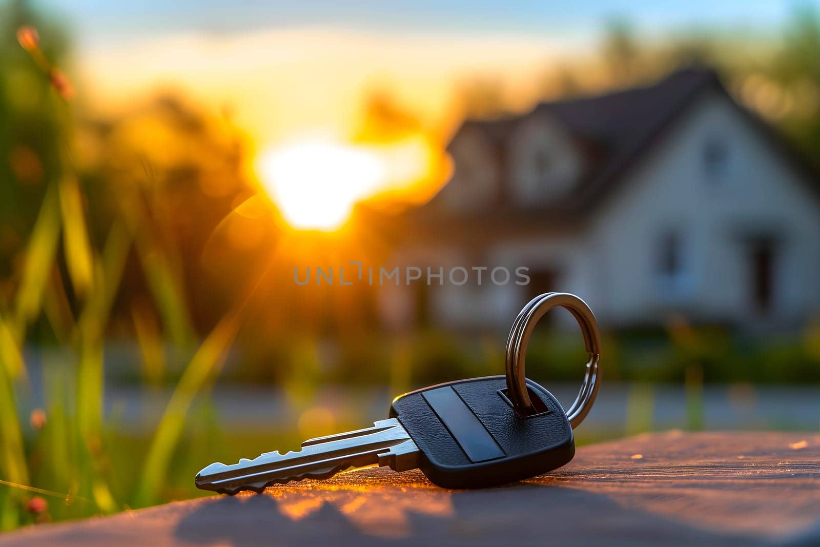 Keys in front of new house at sunny summer morning or evening. Neural network generated image. Not based on any actual person or scene.