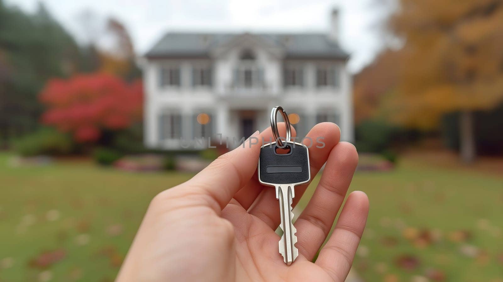 Hand holding keys in front of new house by z1b