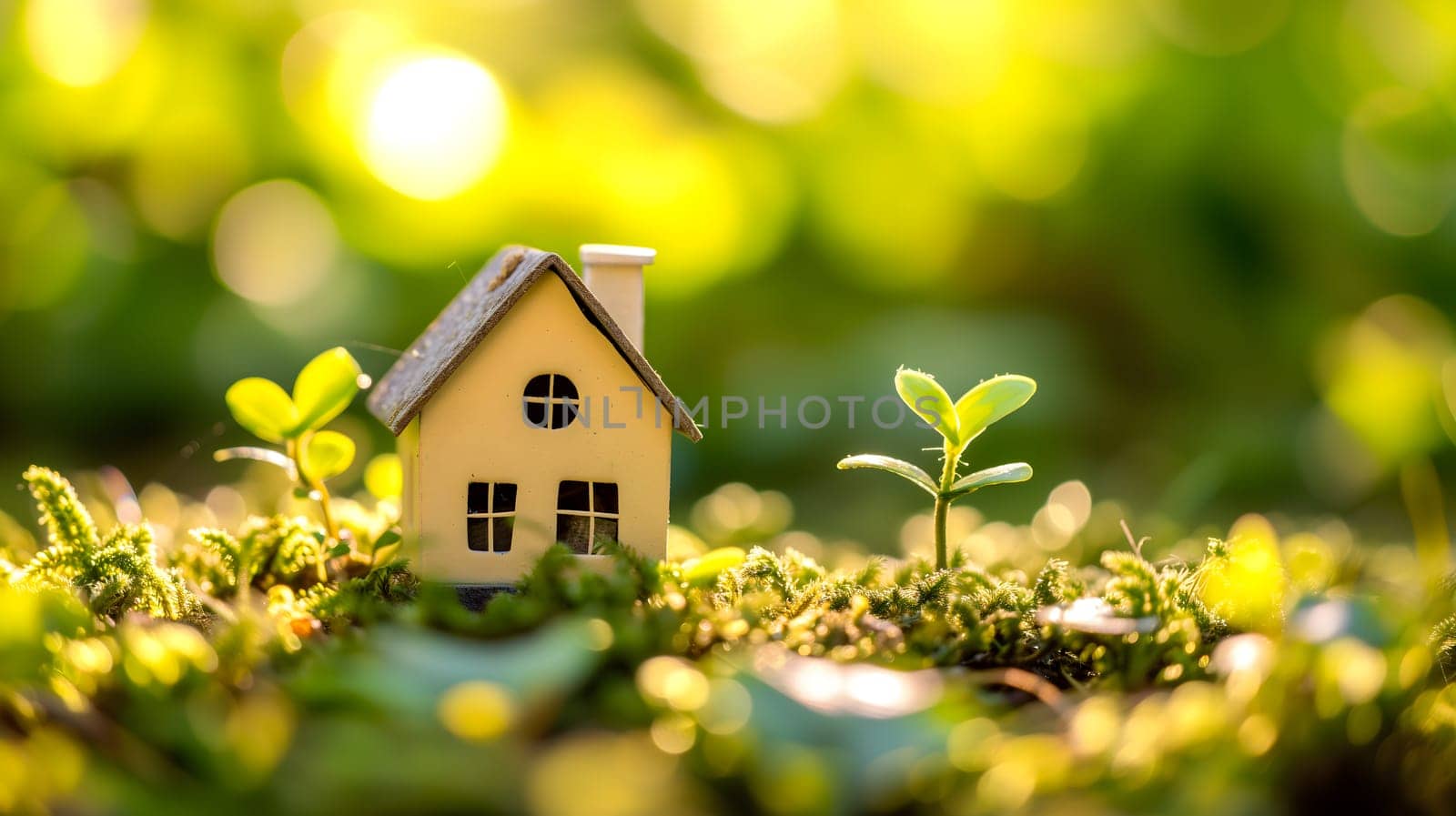 Tiny toy house on spring grass sprouts. by z1b